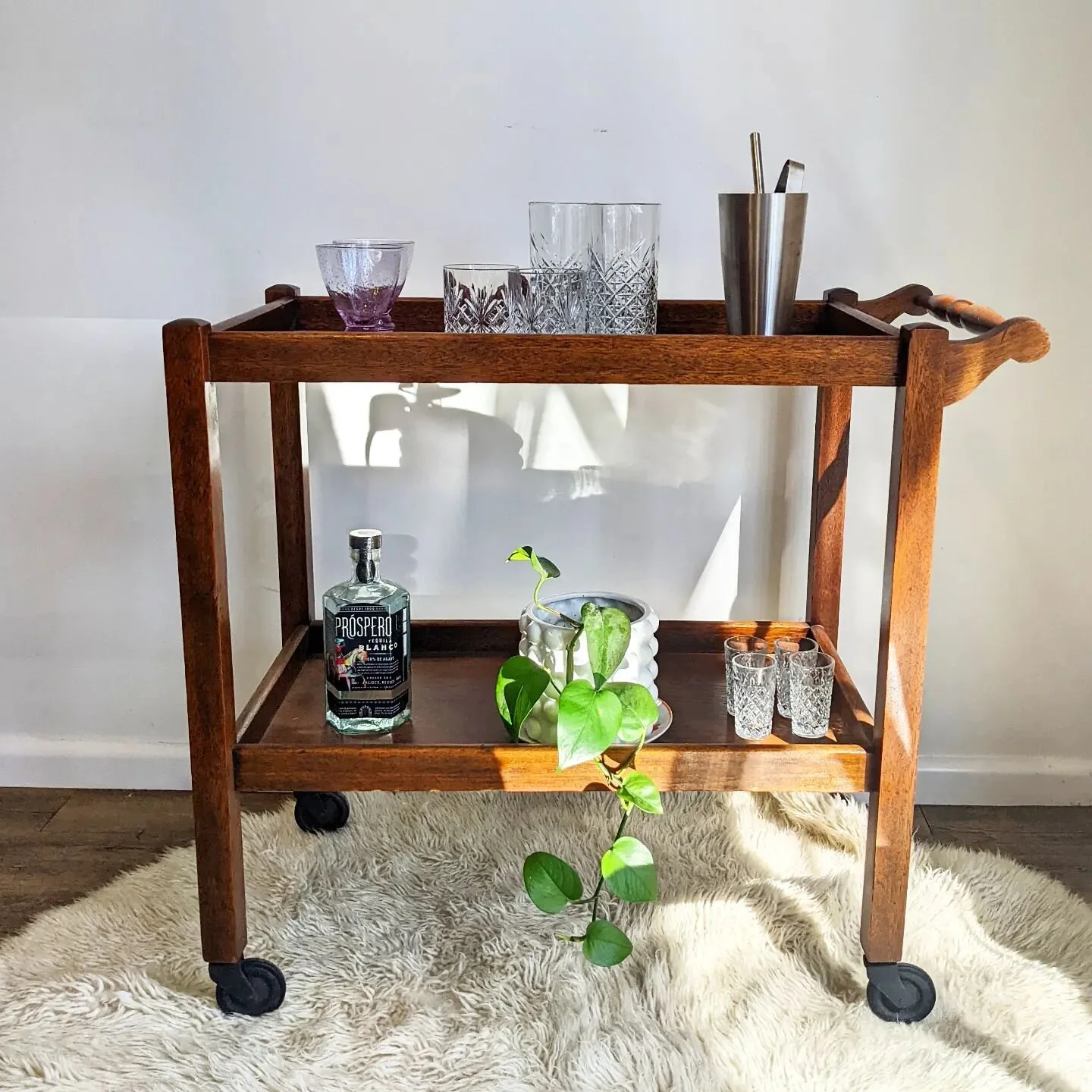 [SOLD] Get trolleyed. 

Vintage wooden trolly cart ready to serve up a party. In excellent vintage condition, the only sign of its party lifestyle is the super glue repair to its turned handle, see last image. 

80cm L | 40cm W | 75cm H