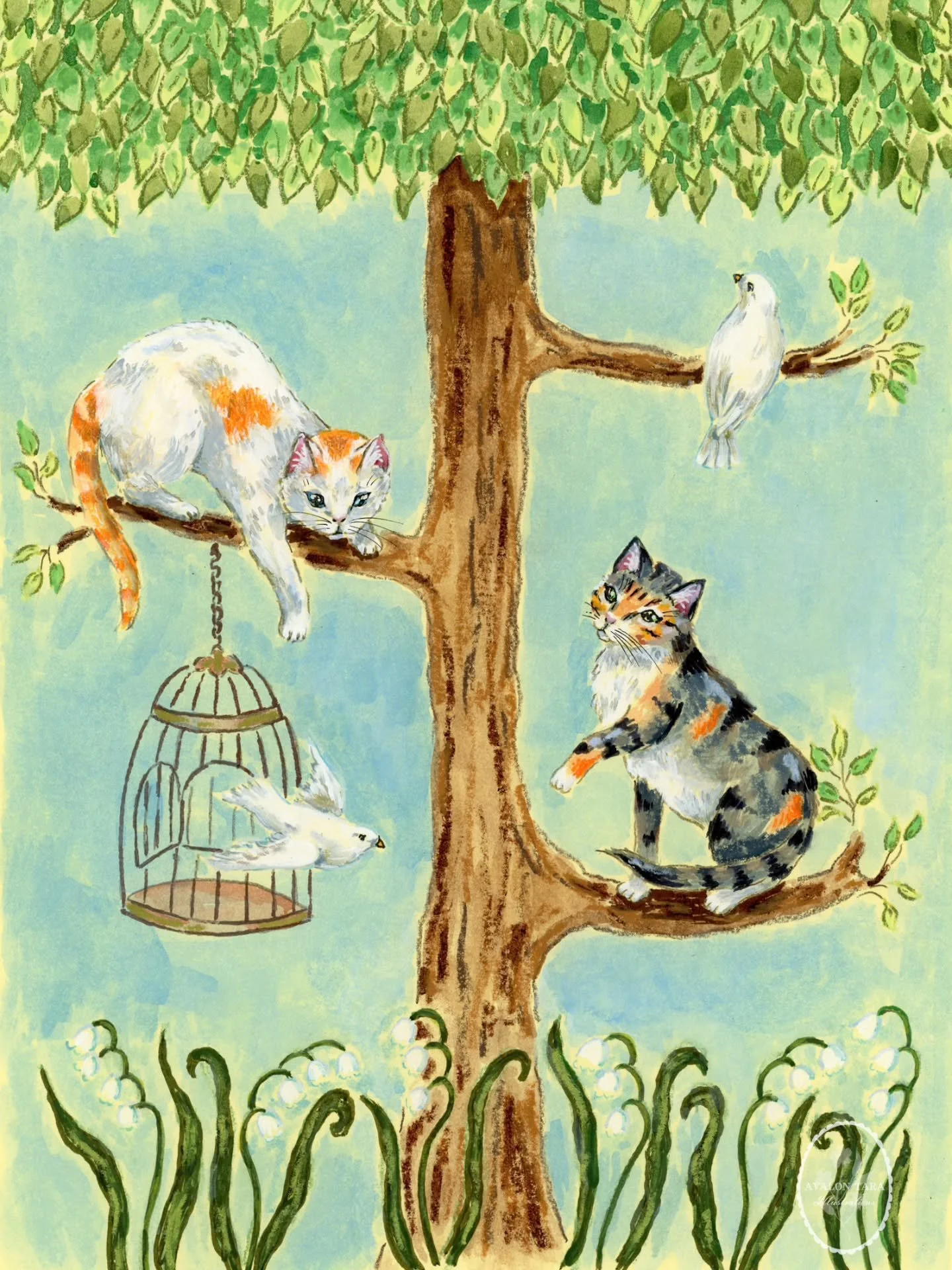 Two cats in a tree. Wings too quick for their soft paws. 🕊️

#illustrationart #storybookcharm #beatrixpottervibes #annewithane #whimsicalart #catillustration #natureillustration #cottagecoreaesthetic #gentlejoy #cozyart #romanticwhimsy #softillustra
