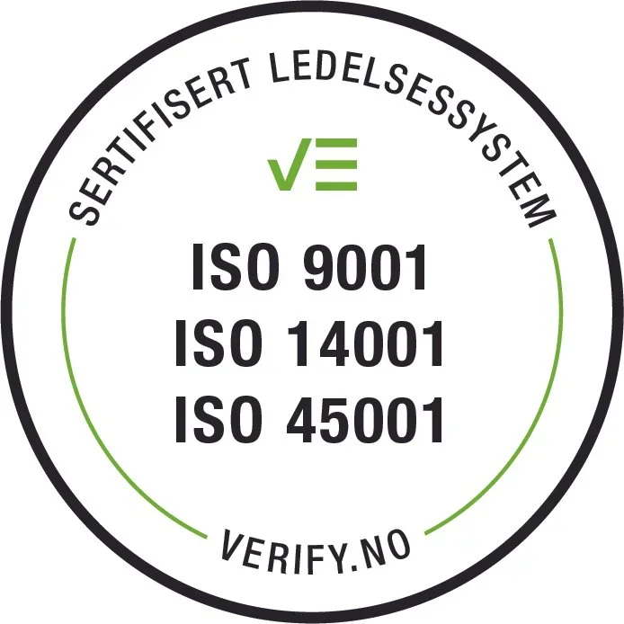 Sertifisert ledelsessystem-stempel med ISO 9001, ISO 14001, ISO 45001, og Verify.no