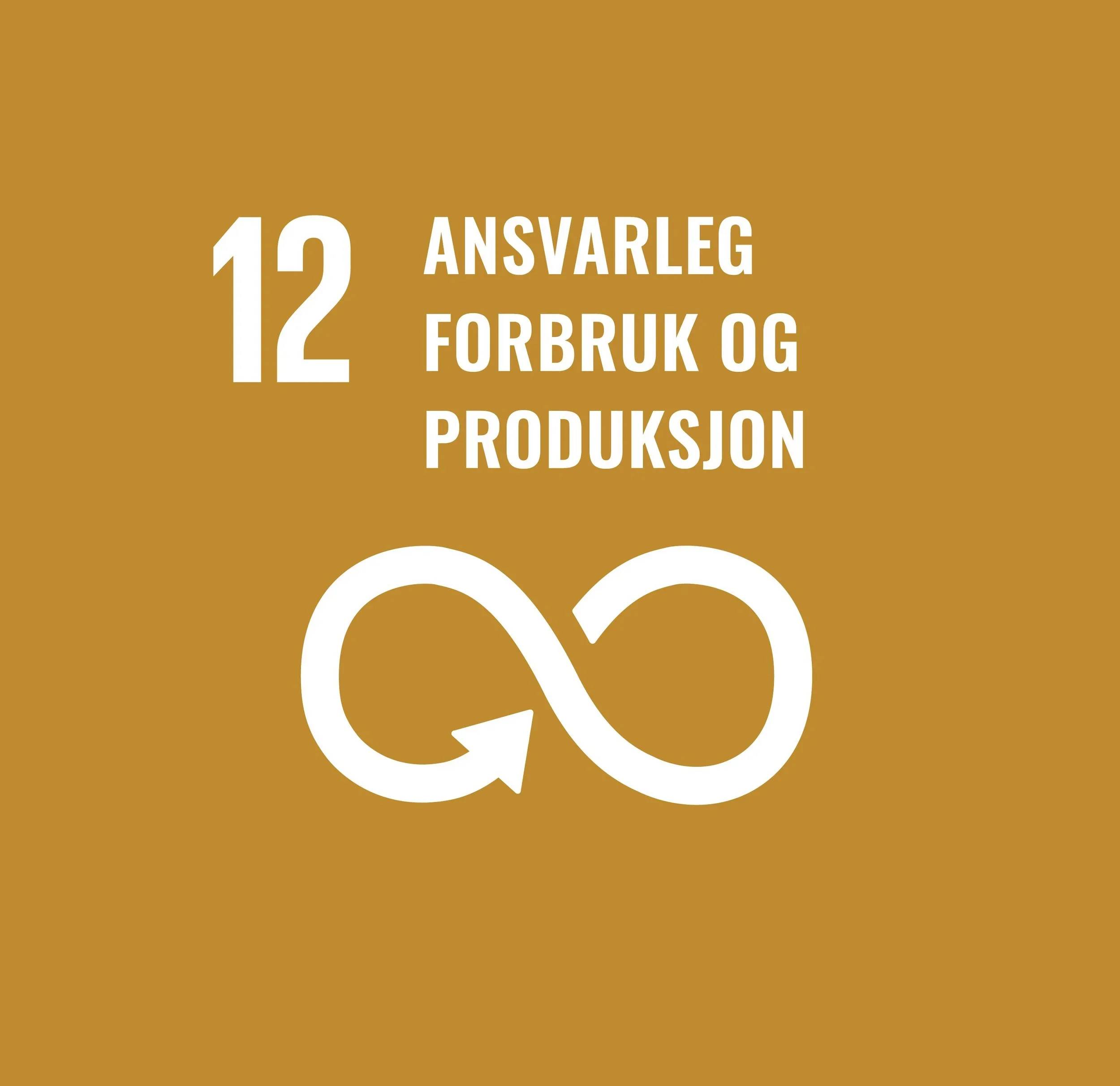 Tekst som sier '12 Ansvarleg Forbruk og Produksjon' på en brun bakgrunn, med store hvite tall og bokstaver.