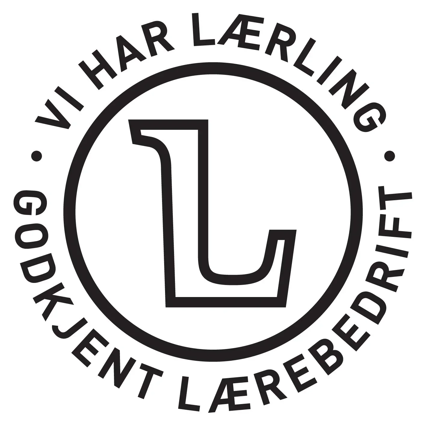 En svart og hvit logo med teksten "Vi har lærling" og "Godkjent lærlingbedrift". I midten er det et stort