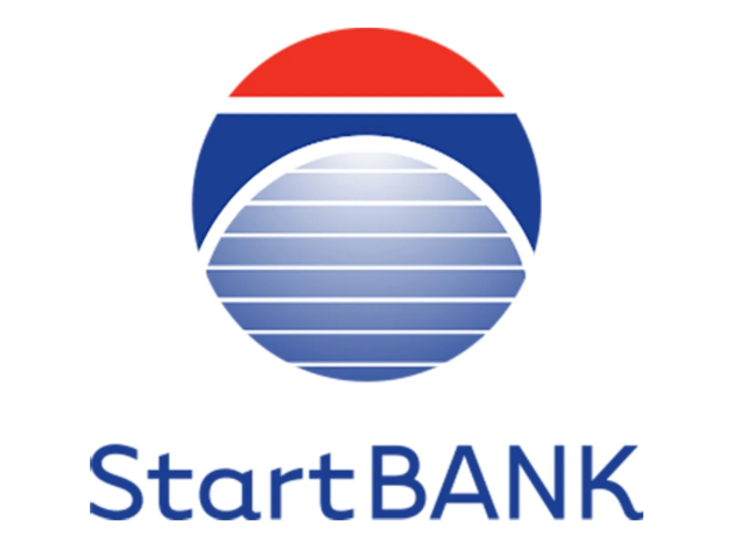 Logo for StartBANK med blå, rød og hvit sirkel og teksten StartBANK under