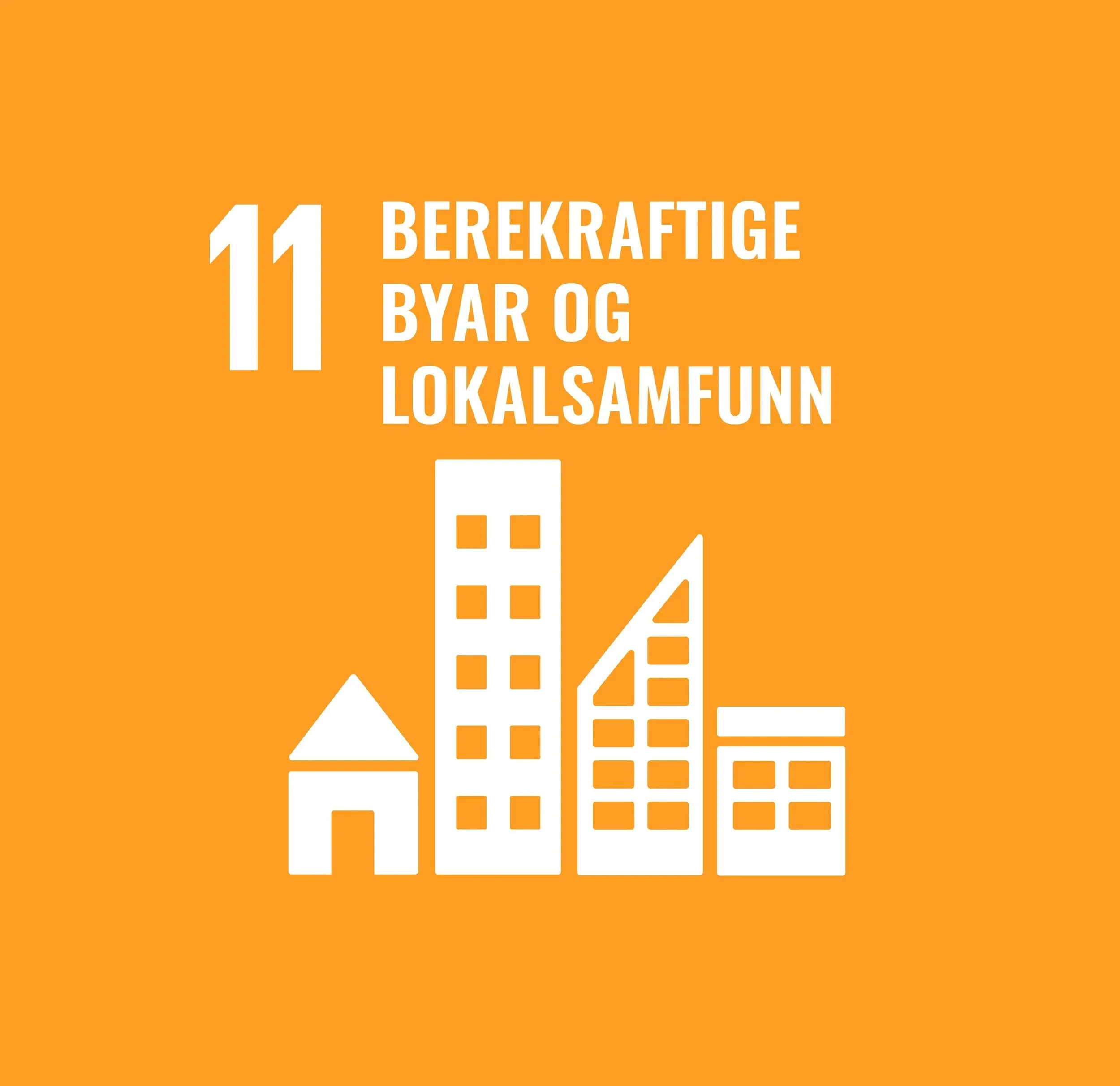 En grafikk som viser 11 bærekraftige bydeler og lokalsamfunn, illustrert med hvite bygninger på en oransje bakgrunn.