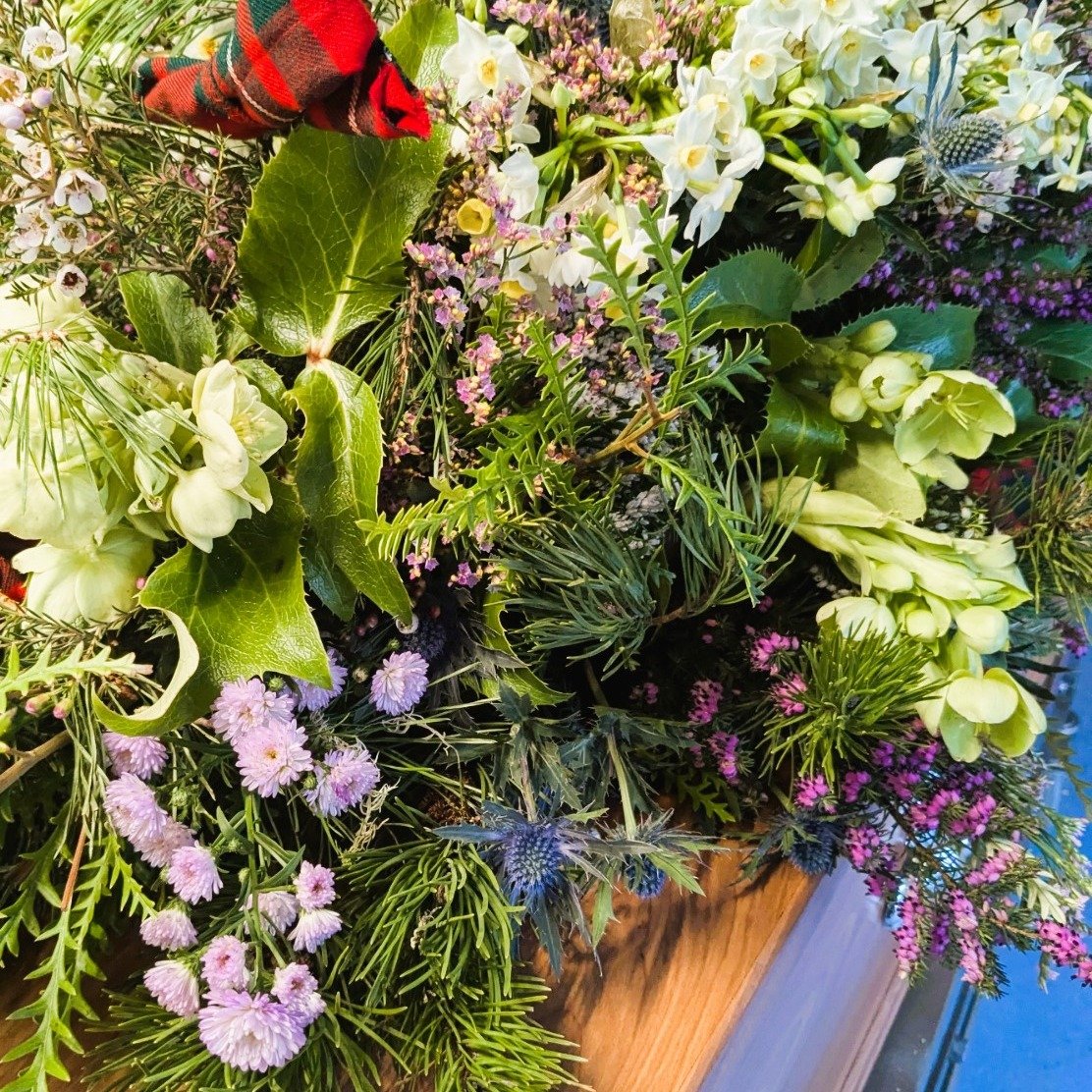 &quot;This week, I&nbsp; created farewell flowers for a proud Scotsman.&nbsp; I designed a sharing display with jam jars that were filled with damp moss,&nbsp; pink and white heather, Scots pine, eryngium, sea lavender, Michaelmas daisies, wax flower