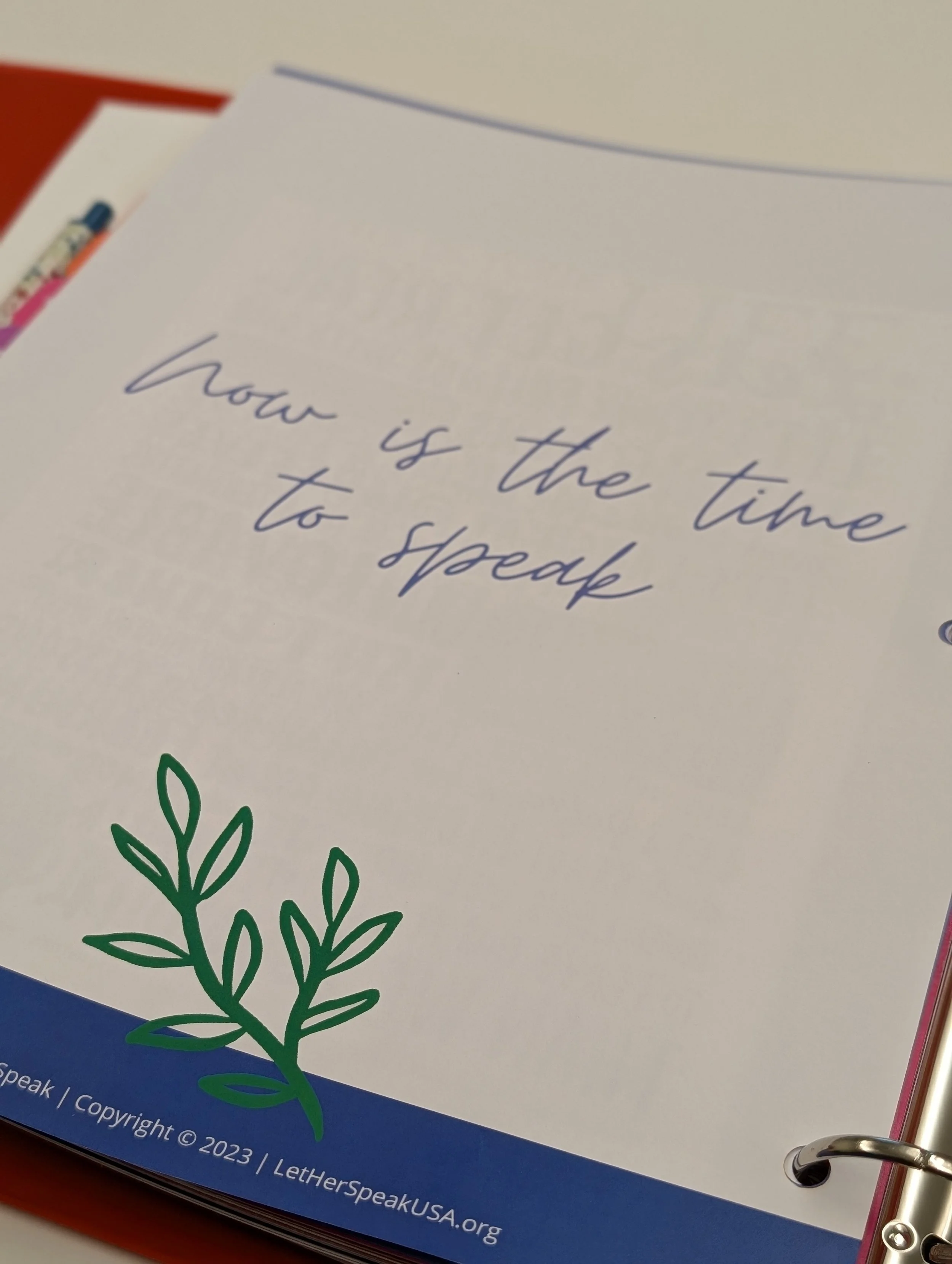 Photo of a binder divider with cursive writing that reads "now is the time to speak"