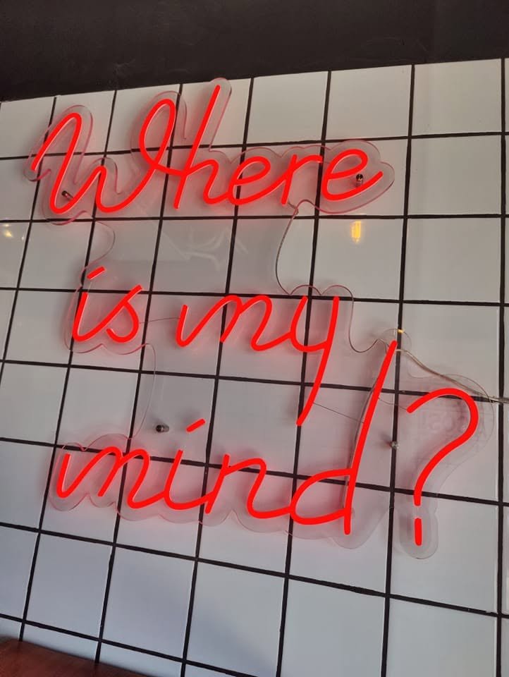 Neon sign hung up on clients wall with "where is my mind?" text