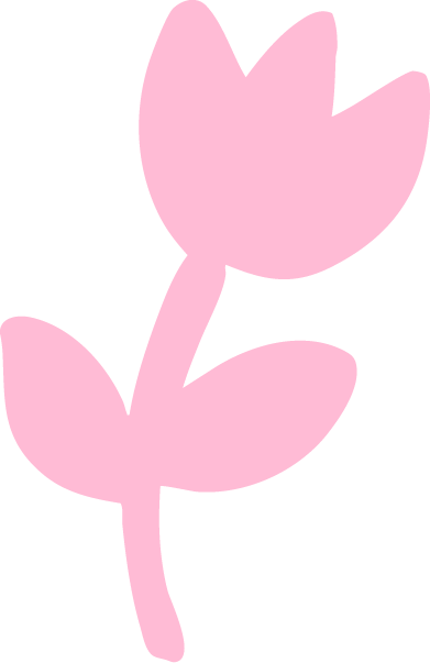 A simple illustration of a pink flower with two petals and two leaves.
