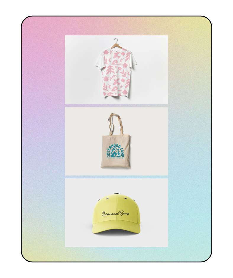 A digital display shows three Sisterhood Camp merchandise items: a pink and white t-shirt with abstract patterns, a beige tote bag with blue Sisterhood Camp logo, and a yellow baseball cap with Sisterhood Camp embroidered in black.
