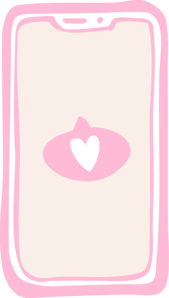 A smartphone with a pink outline and a white background, displaying a pink speech bubble with a white heart inside.