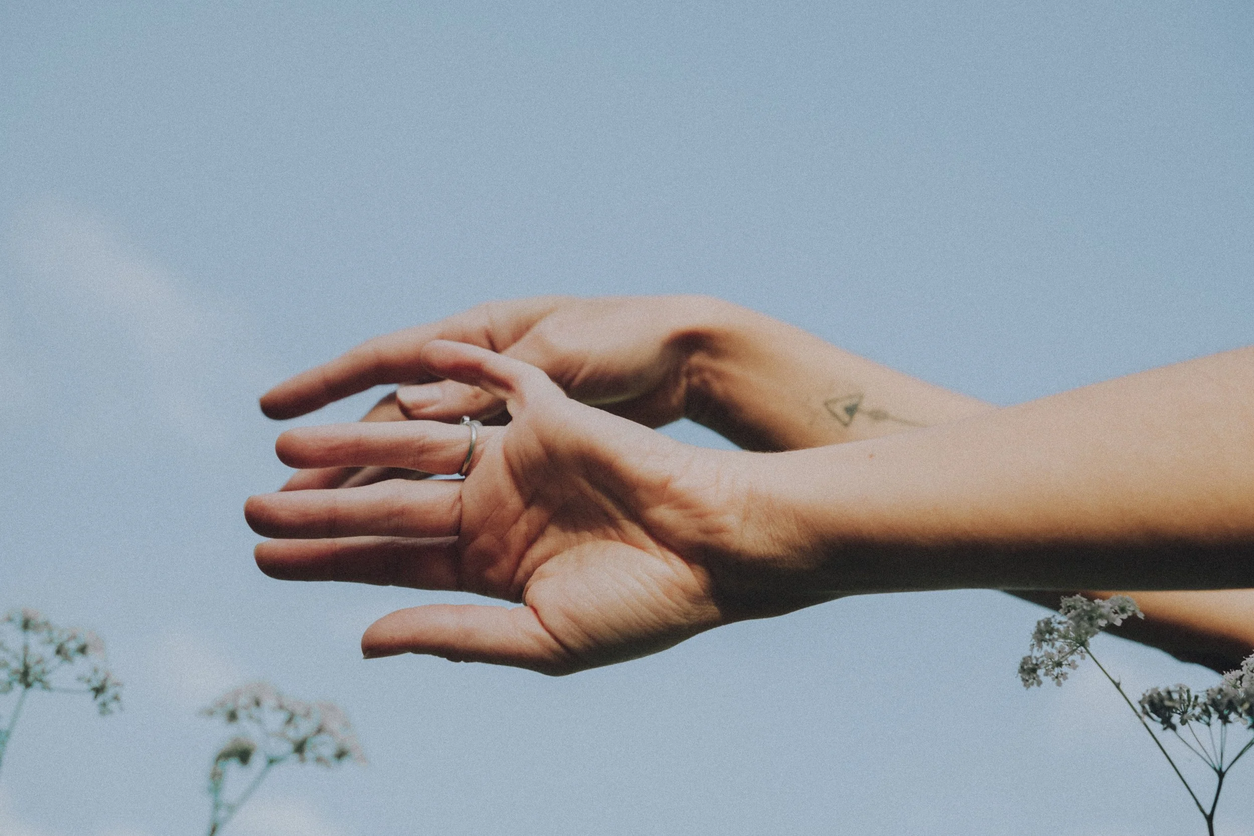 Close-up of two hands with intertwined fingers, one hand wearing a ring, against a clear blue sky, with some small white flowers in the foreground.