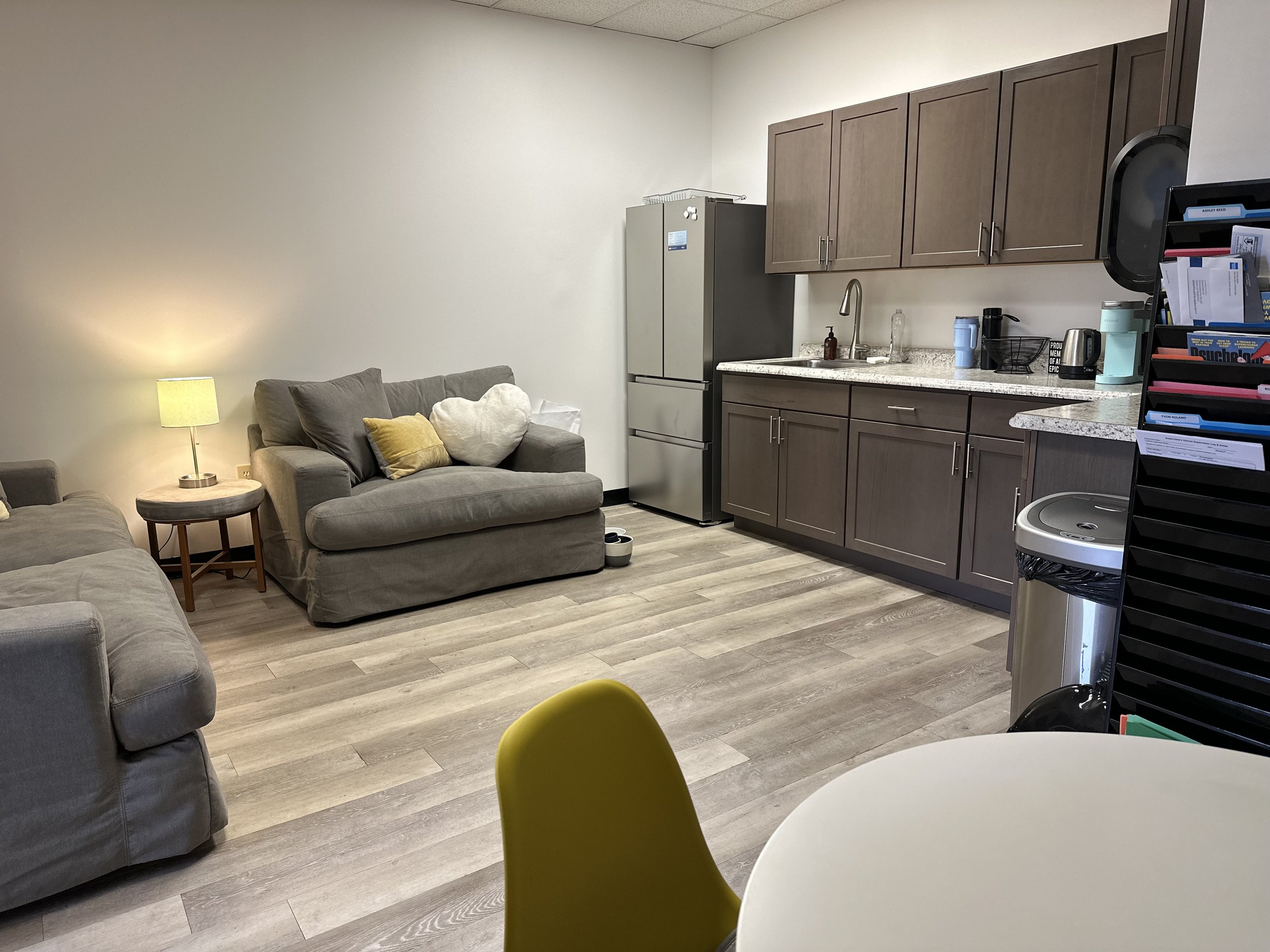 Living room and kitchen area with gray couches, side table with lamp, pillows, and a kitchenette with cabinets, refrigerator, sink, and various small appliances.
