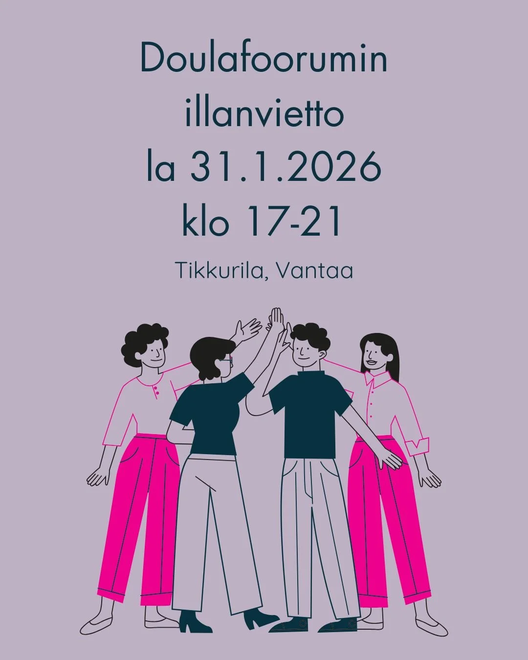 Kaikille avoin vapaamuotoinen illanvietto Doulafoorumin yhteydess&auml; la 31.1.2026 klo 17-21.

Kun Doulafoorumin virallinen ohjelma on ohi, on halukkailla mahdollisuus j&auml;&auml;d&auml; Niceheartsin viihtyisiin tiloihin jatkamaan iltaa rennon yh