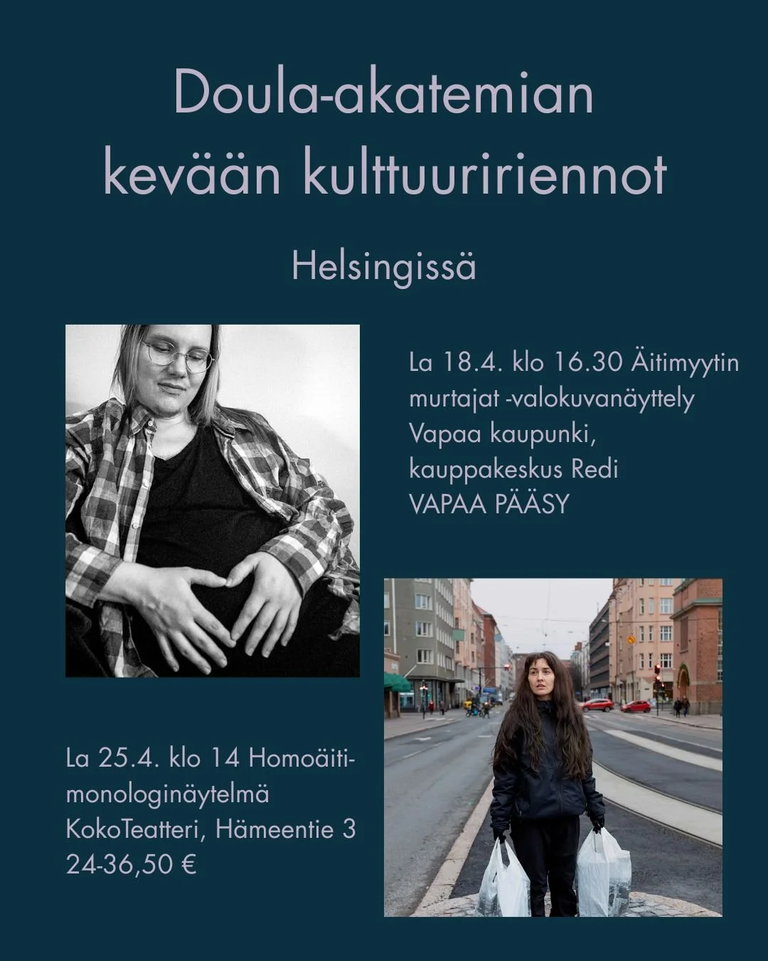 Kulttuuris&auml;pin&auml;&auml; kev&auml;&auml;seen! ☀

Menn&auml;&auml;n nyt huhtikuussa yhdess&auml; katsomaan valokuvan&auml;yttely&auml; ja teatteria. 🤩

&Auml;itimyytin murtajat -valokuvan&auml;yttely

La 18.4. klo 16.30 tapaamme kauppakeskus R