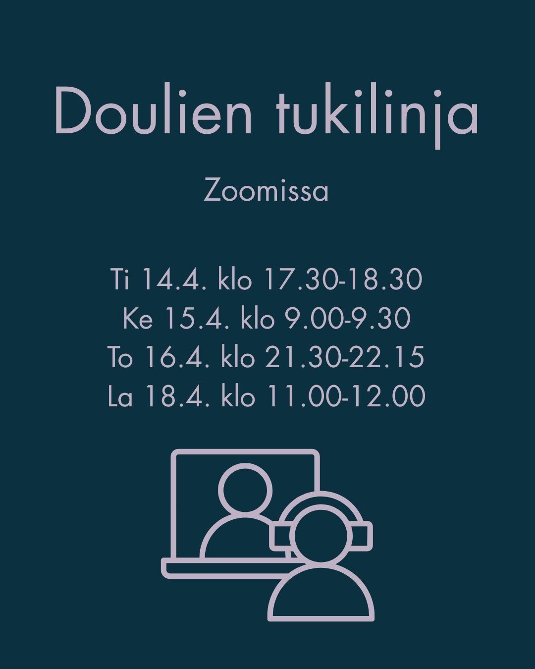 N&auml;in doulaopen ominaisuudessa tarjoan t&auml;ll&auml; viikolla NELJ&Auml; mahdollisuutta tulla juttelemaan ja jakamaan tuntojaan liittyen ajankohtaiseen yli &auml;yr&auml;iden l&auml;ikkyv&auml;&auml;n some"keskusteluun".

Ti 14.4. klo