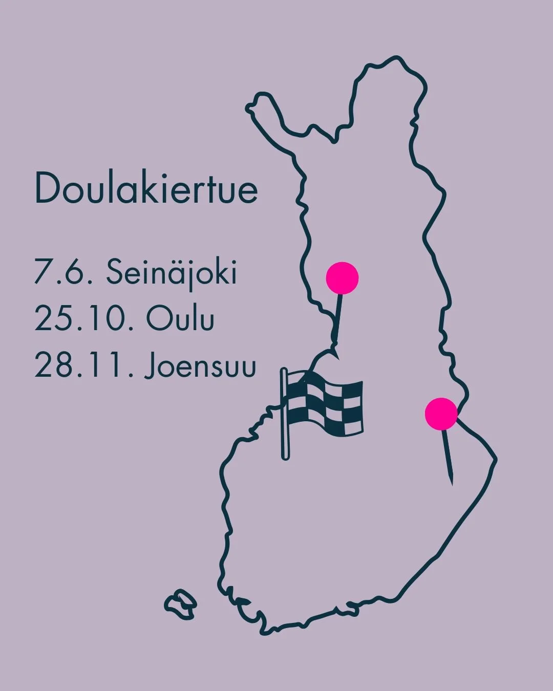 Kaksi uutta etappia vahvistunut &ndash; doulakiertue koukkaa my&ouml;s Ouluun ja Joensuuhun ensi syksyn&auml;! 🤩

T&auml;ll&auml; hetkell&auml; kartalla on siis kolme paikkaa ja kalenterissa kolme p&auml;iv&auml;m&auml;&auml;r&auml;&auml;. Lis&auml;