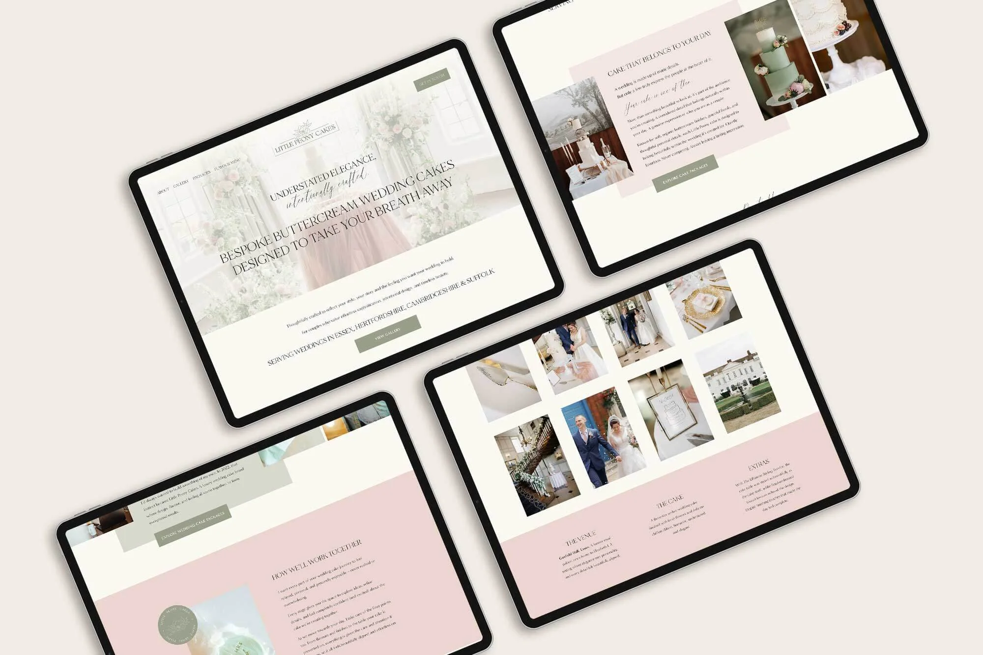 Multiple tablet screens displaying a wedding cake and floral arrangements website in soft pastel colors.