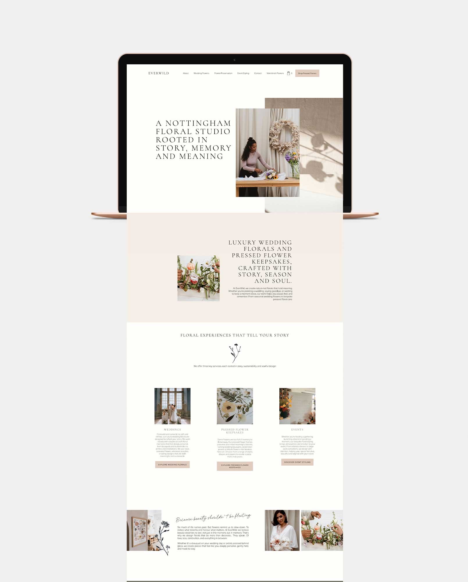 Homepage of floral studio website with a laptop display showing various sections about wedding florals, pressed flower keepsakes, and events, featuring text, images of flowers, and floral arrangements.
