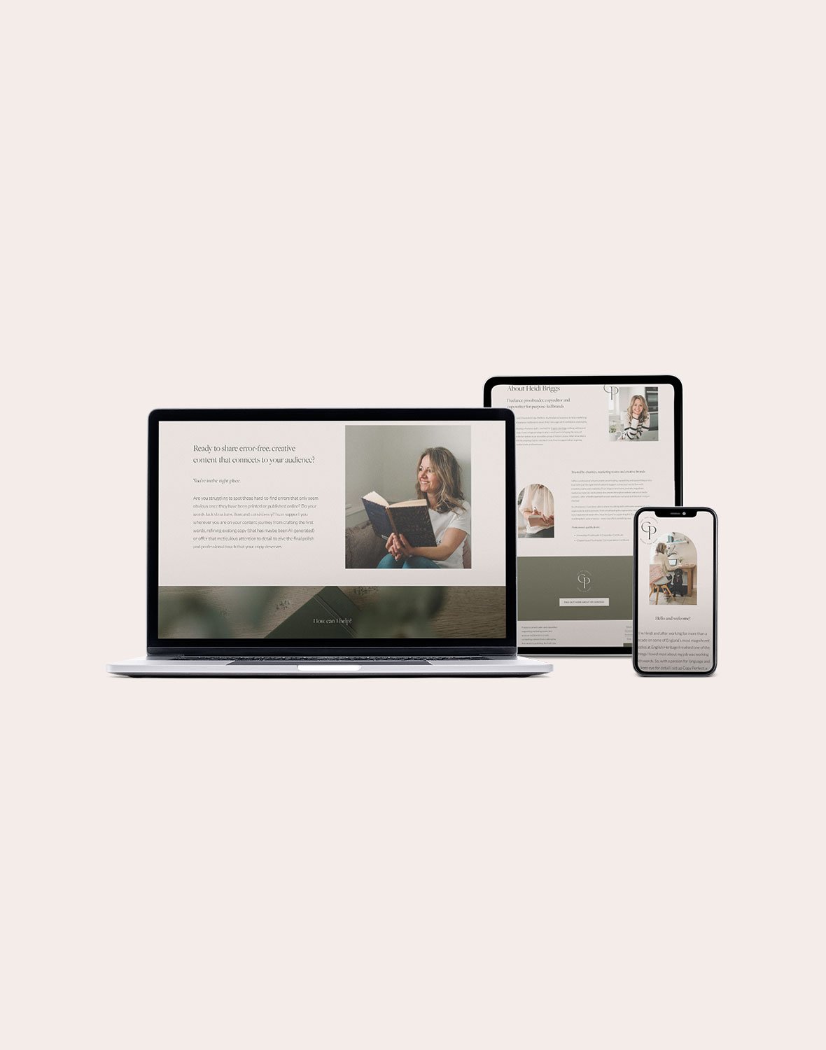 A laptop, tablet, and smartphone displaying a website with a woman reading a book and smiling, set against a plain light pink background.
