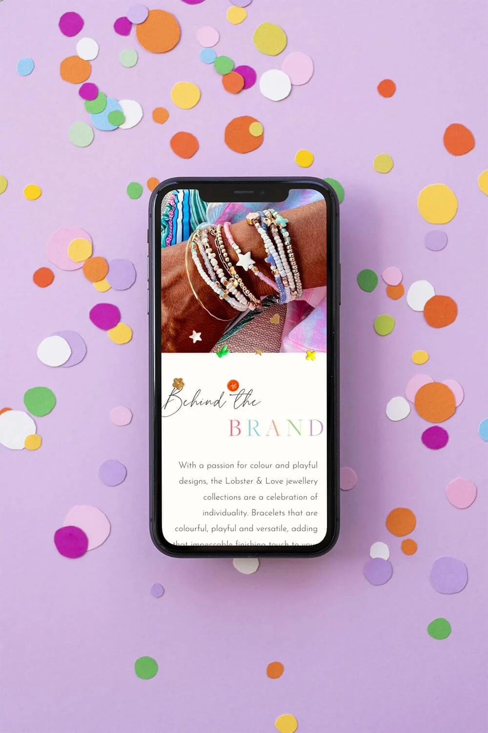 Colourful E-commerce website design shown on mobile with confette