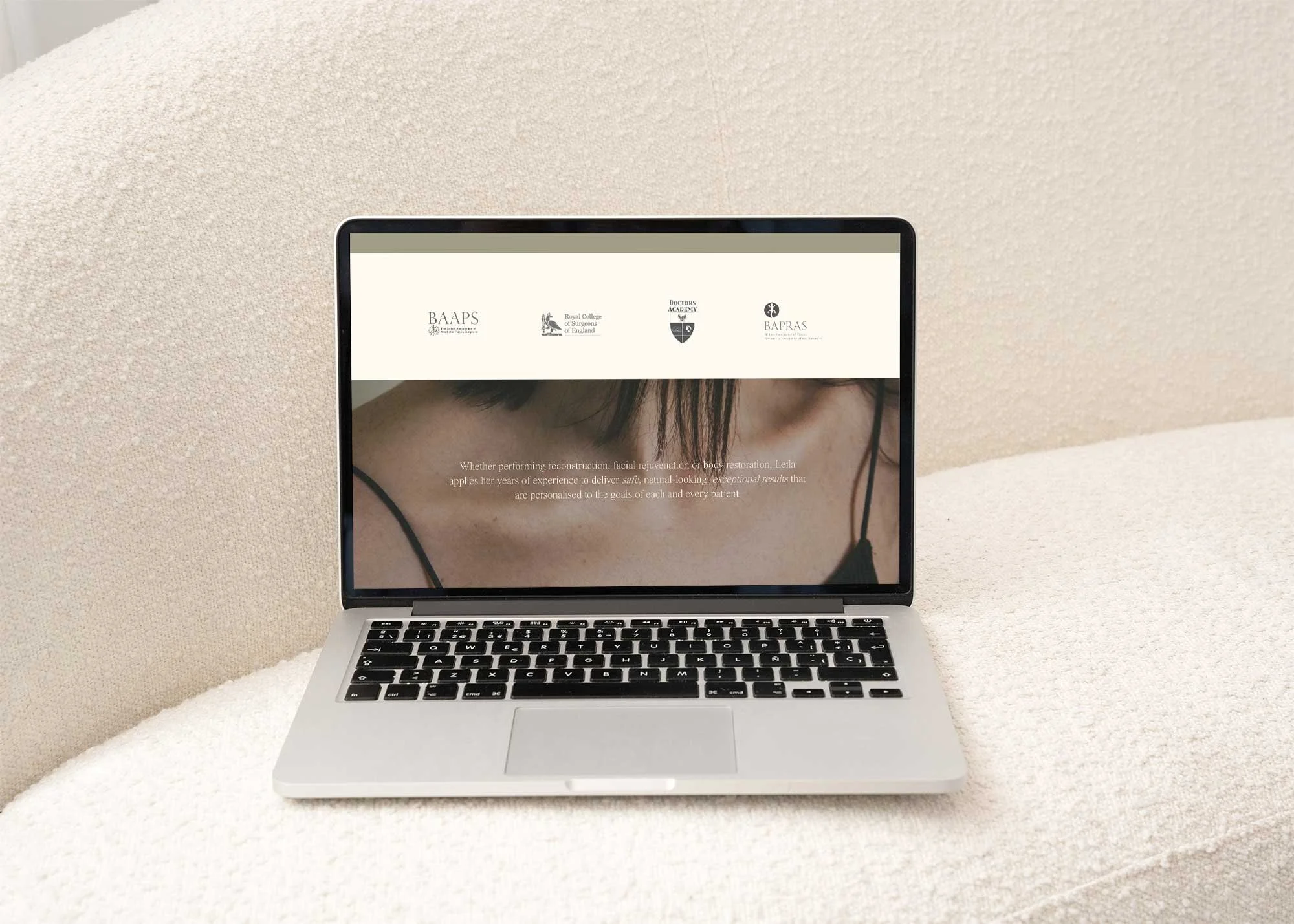 Female cosmetic surgeon website design for Miss Leila Touil, homepage on desktop