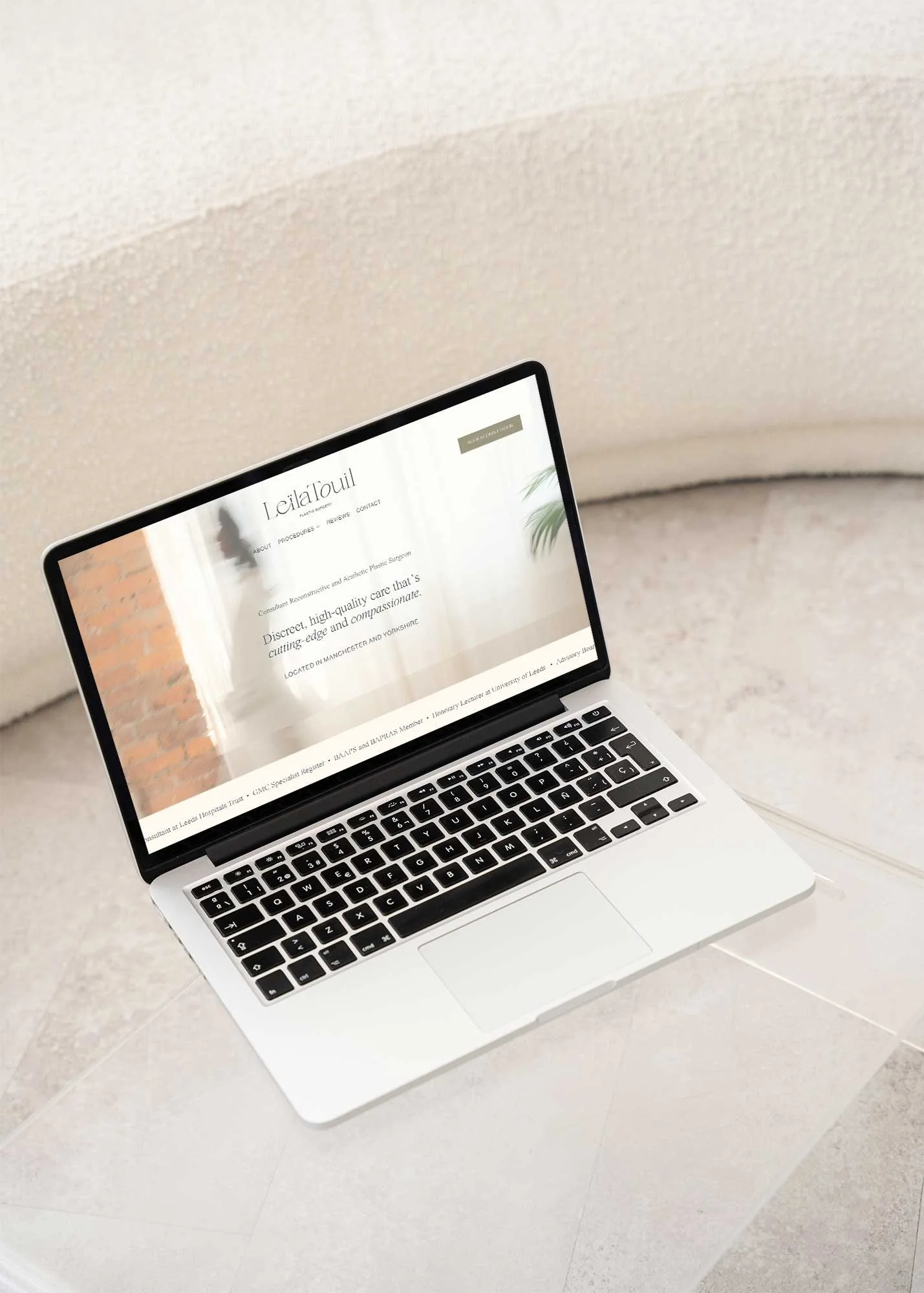 Female cosmetic surgeon website design for Miss Leila Touil, homepage on desktop