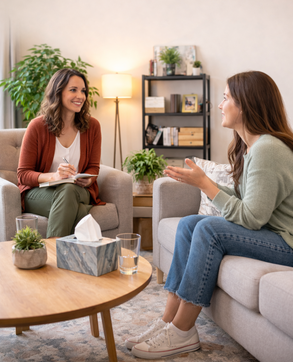 Woman discussing her anxiety with therapist at in a counseling office.