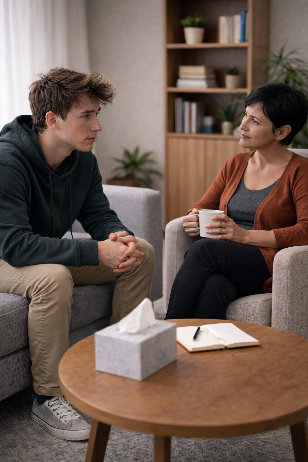 Young adult man in his 20s sitting forward on couch during depression therapy session with female therapist holding coffee mug in Richmond, VA counseling office.