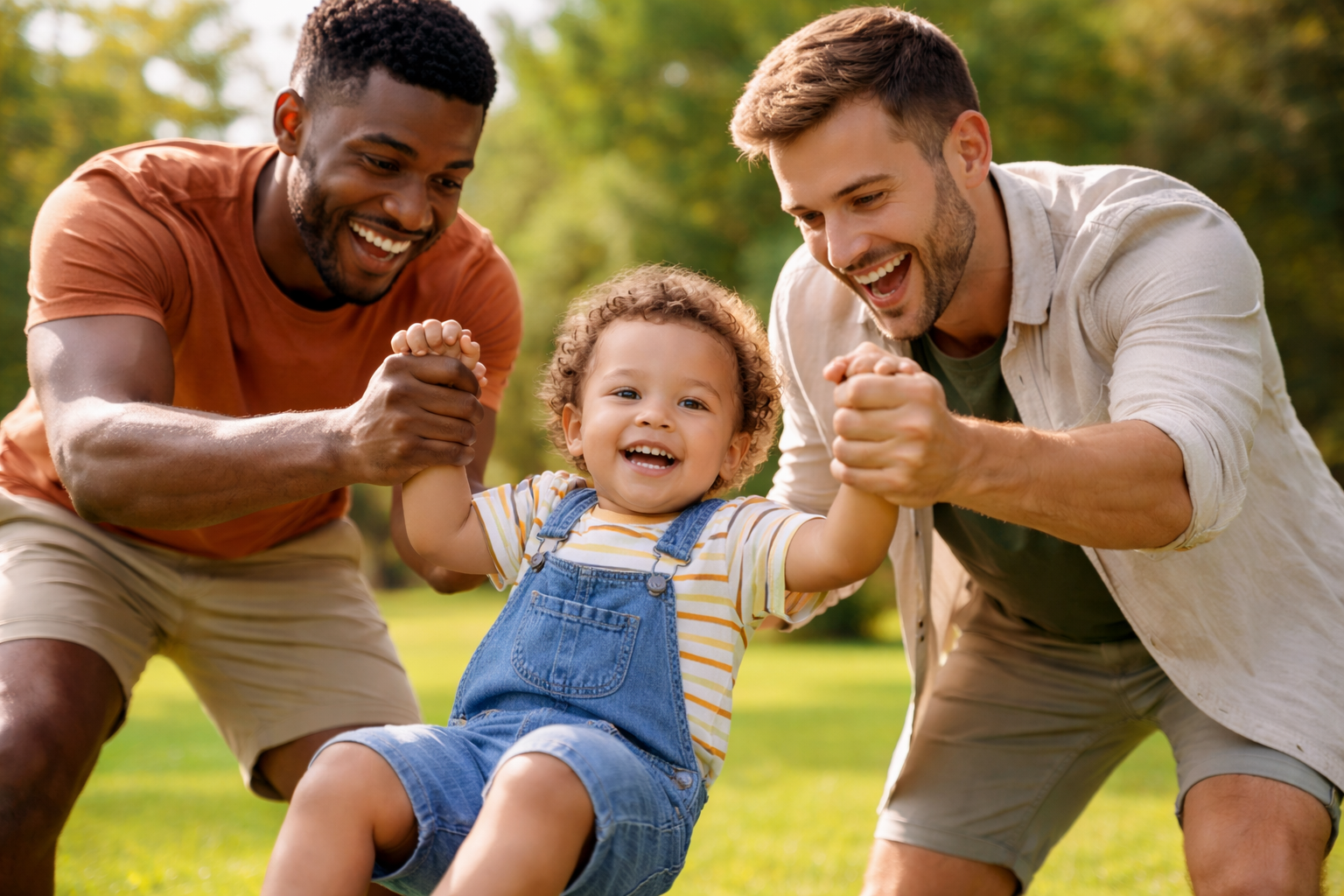 Two fathers lay with their toddler in a sunny park, smiling and holding their child's hands, representing LGBTQ+ parents enjoying family life together.