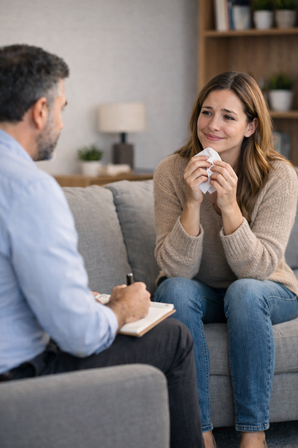 Woman in depression therapy smiling through tears while holding a tissue during counseling session with male therapist in Richmond, VA office.