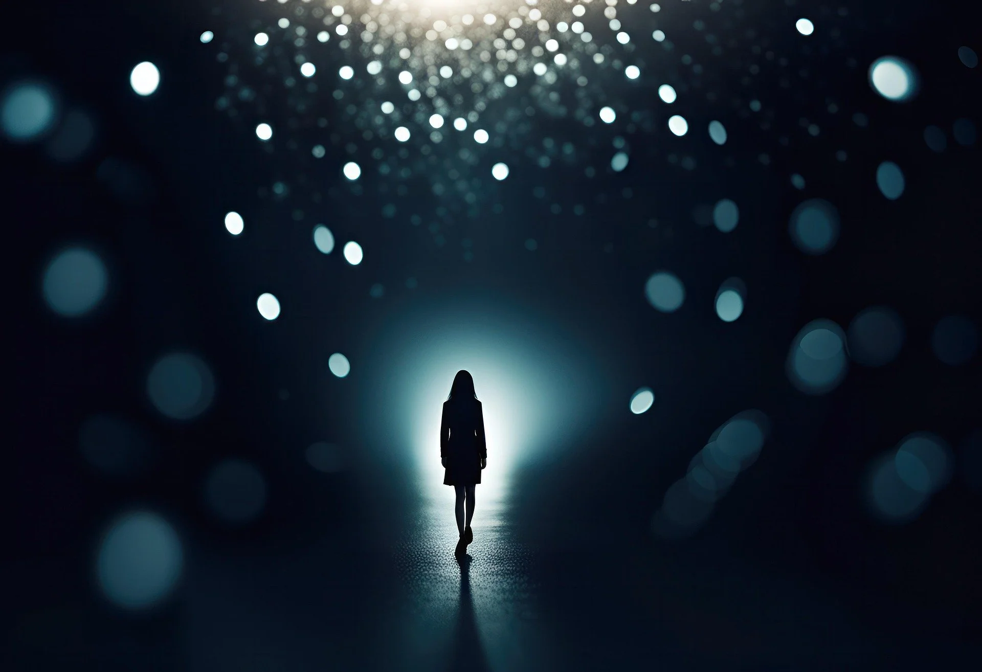A person standing alone in a dark space illuminated from behind, with numerous white orbs or particles floating around, creating a dreamy or surreal atmosphere.