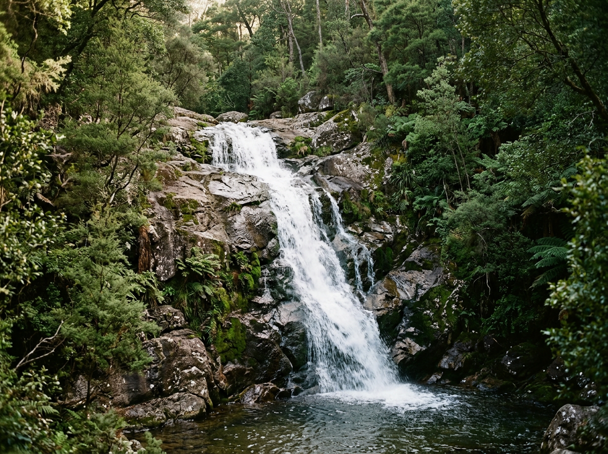 A waterfall cascading over rocks in a lush green forest.