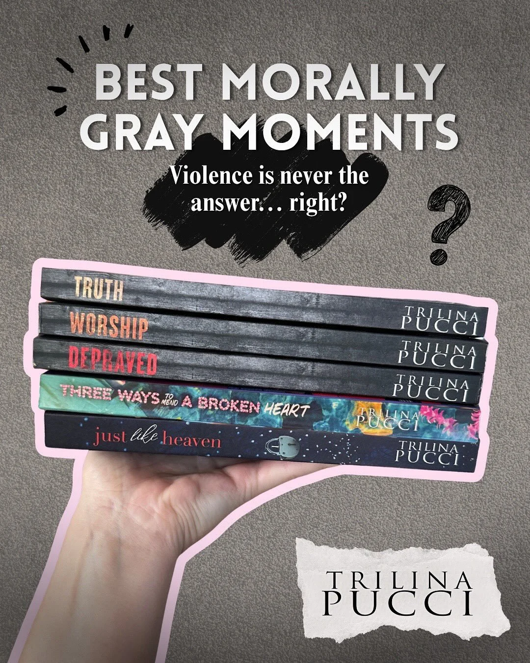 𝐌𝐨𝐫𝐚𝐥𝐥𝐲 𝐆𝐫𝐚𝐲 𝐁𝐨𝐨𝐤𝐢𝐬𝐡 𝐌𝐨𝐦𝐞𝐧𝐭𝐬📚 
𝑩𝒐𝒐𝒌𝒔 𝒃𝒚 𝑻𝒓𝒊𝒍𝒊𝒏𝒂 𝑷𝒖𝒄𝒄𝒊 𝒘𝒊𝒕𝒉 𝑶𝒏𝒆 𝑲𝒊𝒍𝒍𝒆𝒓 𝑵𝒊𝒈𝒉𝒕 𝒄𝒐𝒎𝒊𝒏𝒈 𝑶𝒄𝒕𝒐𝒃𝒆𝒓 𝟏𝟒𝒕𝒉

#bookfyp #bookstagram #trilinapucci #spicybooks #darkromancebooks #morall