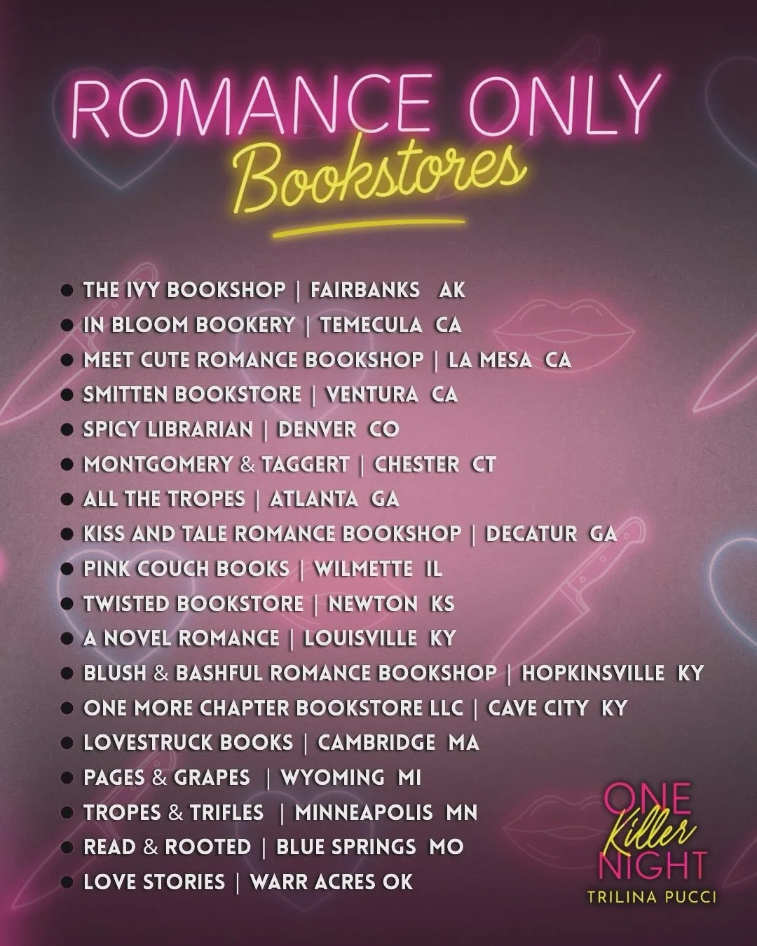 🚨𝐖𝐇𝐄𝐑𝐄 𝐓𝐎 𝐆𝐄𝐓 𝐎𝐍𝐄 𝐊𝐈𝐋𝐋𝐄𝐑 𝐍𝐈𝐆𝐇𝐓🚨
𝐌𝐚𝐤𝐞 𝐬𝐮𝐫𝐞 𝐭𝐨 𝐬𝐮𝐩𝐩𝐨𝐫𝐭 𝐲𝐨𝐮𝐫 𝐥𝐨𝐜𝐚𝐥 𝐫𝐨𝐦𝐚𝐧𝐜𝐞 𝐨𝐧𝐥𝐲 𝐛𝐨𝐨𝐤 𝐬𝐭𝐨𝐫𝐞𝐬 𝐛𝐲 𝐜𝐚𝐥𝐥𝐢𝐧𝐠 𝐭𝐡𝐞𝐦 𝐭𝐨 𝐩𝐫𝐞-𝐨𝐫𝐝𝐞𝐫 𝐲𝐨𝐮𝐫 𝐜𝐨𝐩𝐲 𝐨𝐟 𝑶𝒏𝒆 𝑲𝒊𝒍