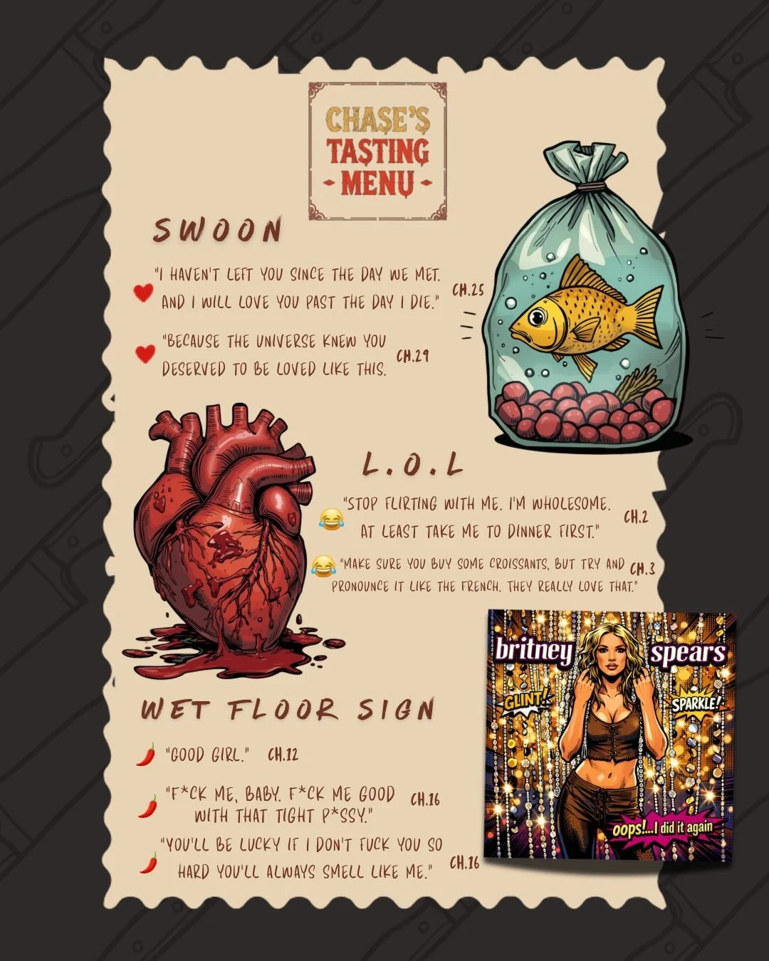 𝗖𝗛𝗔𝗦𝗘&rsquo;𝗦 𝗧𝗔𝗦𝗧𝗜𝗡𝗚 𝗠𝗘𝗡𝗨🧑&zwj;🍳
𝐓𝐡𝐞𝐫𝐞&rsquo;𝐬 𝐚 𝐥𝐢𝐭𝐭𝐥𝐞 𝐬𝐨𝐦𝐞𝐭𝐡𝐢𝐧𝐠 𝐟𝐨𝐫 𝐞𝐯𝐞𝐫𝐲𝐛𝐨𝐝𝐲! 𝐖𝐡𝐞𝐭𝐡𝐞𝐫 𝐲𝐨𝐮 𝐰𝐚𝐧𝐭 𝐭𝐨 𝐬𝐰𝐨𝐨𝐧, 𝐥𝐚𝐮𝐠𝐡, 𝐨𝐫 𝐜𝐫𝐲 𝐟𝐫𝐨𝐦 𝐲𝐨𝐮𝐫 𝐭𝐡𝐢𝐠𝐡𝐬&hellip; 𝐭𝐡