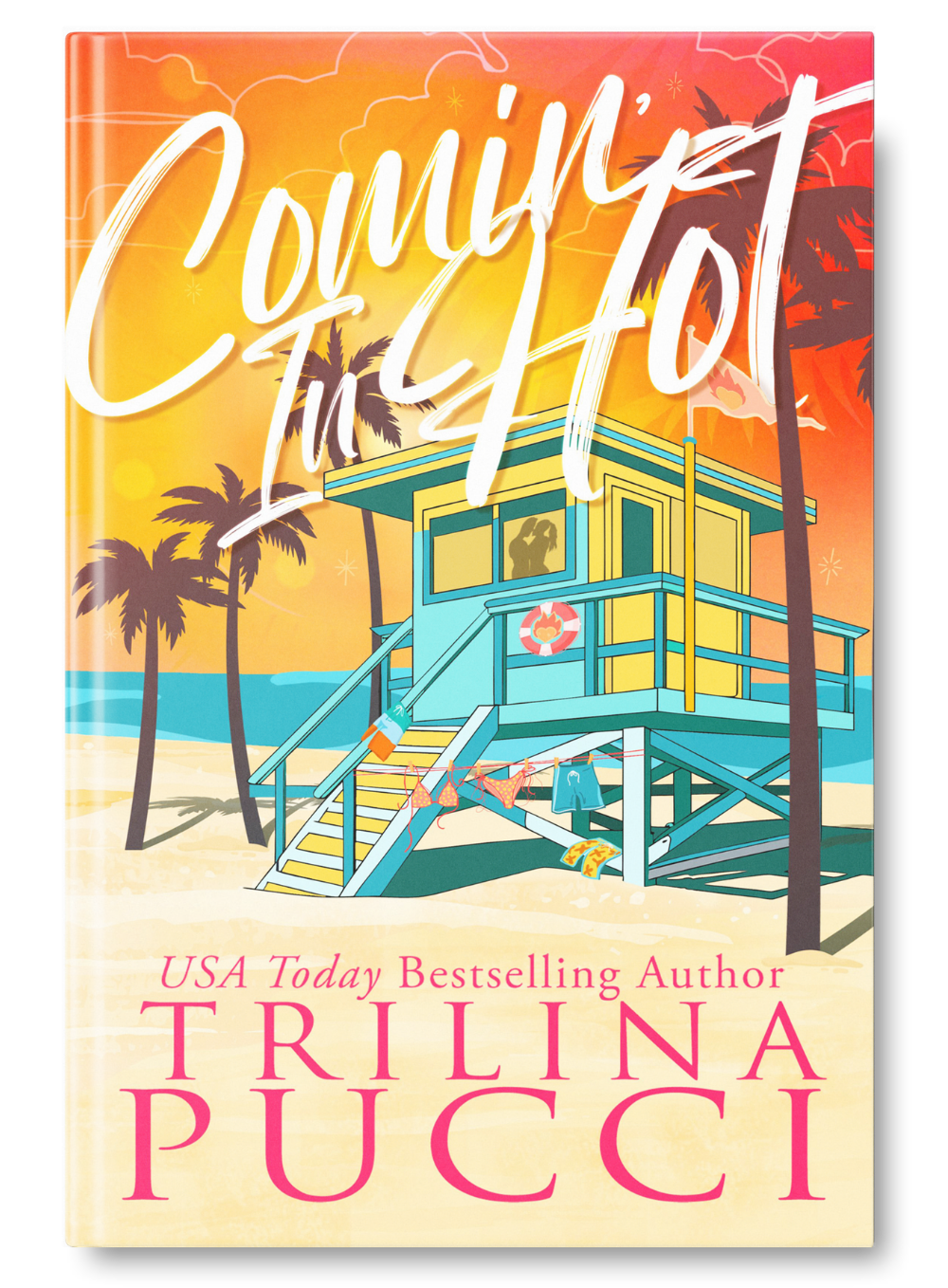 Book cover titled "Counting in the Fifties" by Trina Pucci with an illustration of a beach scene including palm trees, a lifeguard stand, and a sunset sky.