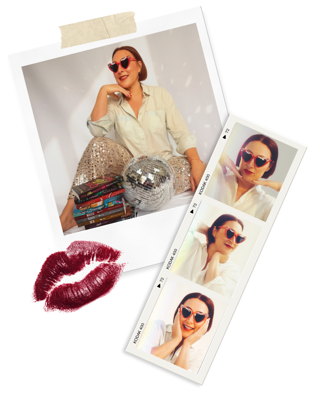 A woman with short brown hair wearing red heart-shaped sunglasses sitting on a surface with a stack of books, a disco ball, and a lipstick kiss mark in the foreground. The photo includes a strip of four smaller images of the woman in various poses wearing the same sunglasses.