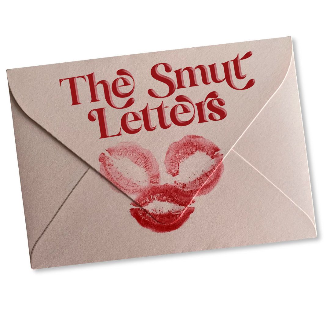 A pink envelope with the words "The Smut Letters" in red lettering and kissed lips printed on it.