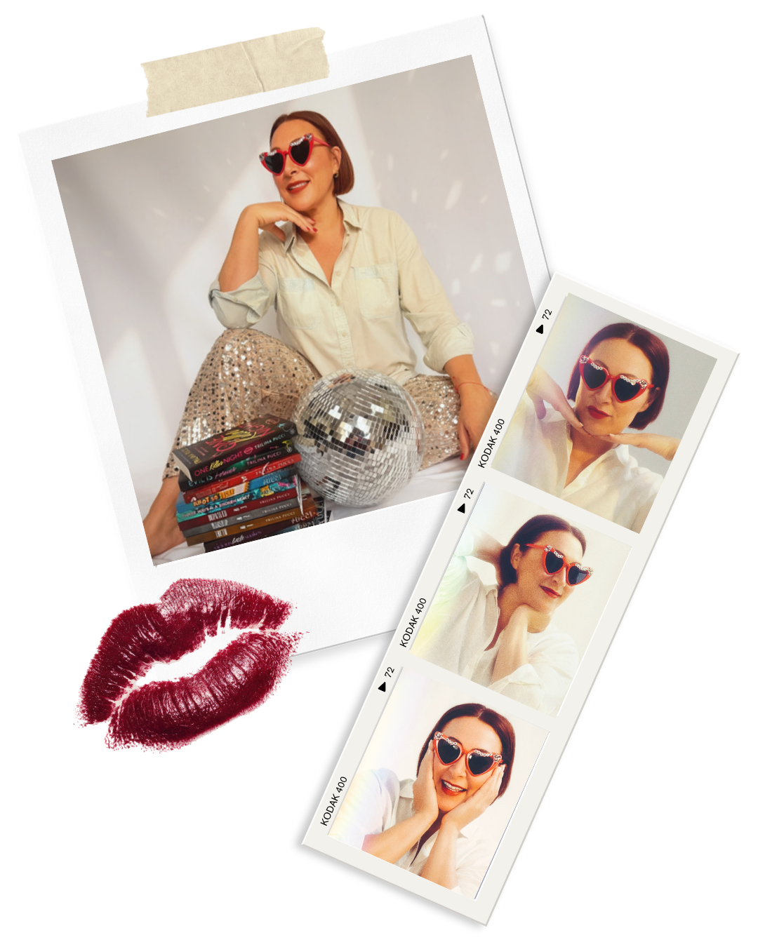 A woman with short brown hair wearing heart-shaped red sunglasses, a cream-colored shirt, and glittery pants, sitting with a stack of colorful books and a disco ball, smiling. There are three strip photos of her in different poses, one with a playful gesture, one with her hands under her chin, and one with her hands on her cheeks. A red lipstick mark is also in the image.