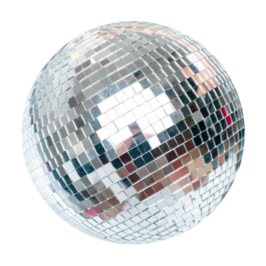 Close-up of a disco ball with reflective mosaic tiles.