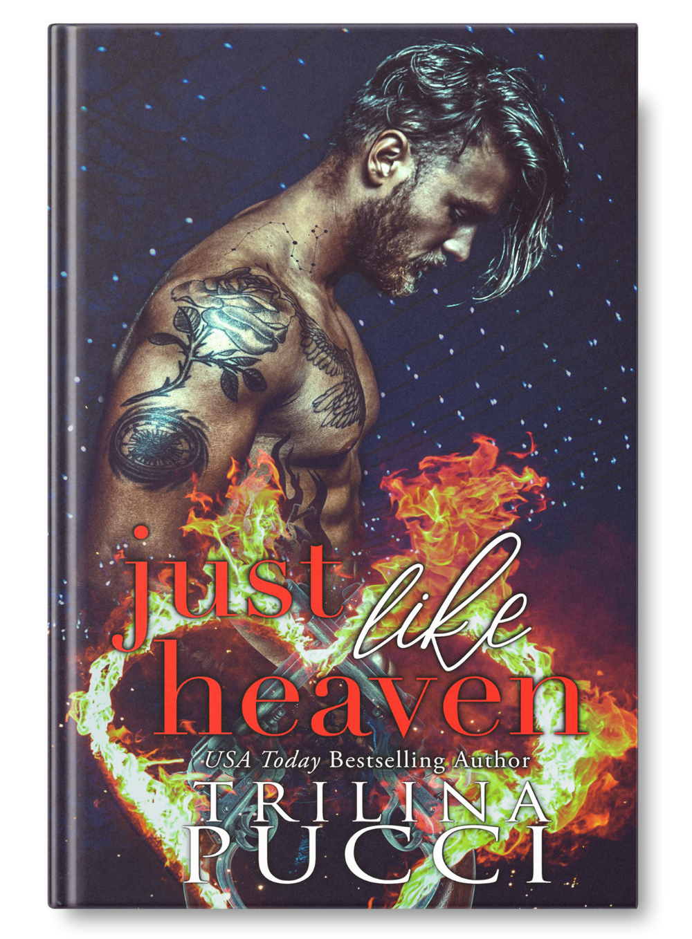 Book cover titled "Just Like Heaven" by Trilina Pucci, featuring a shirtless man with tattoos and long hair, looking down with a serious expression, surrounded by flames and a dark background with small blue lights.