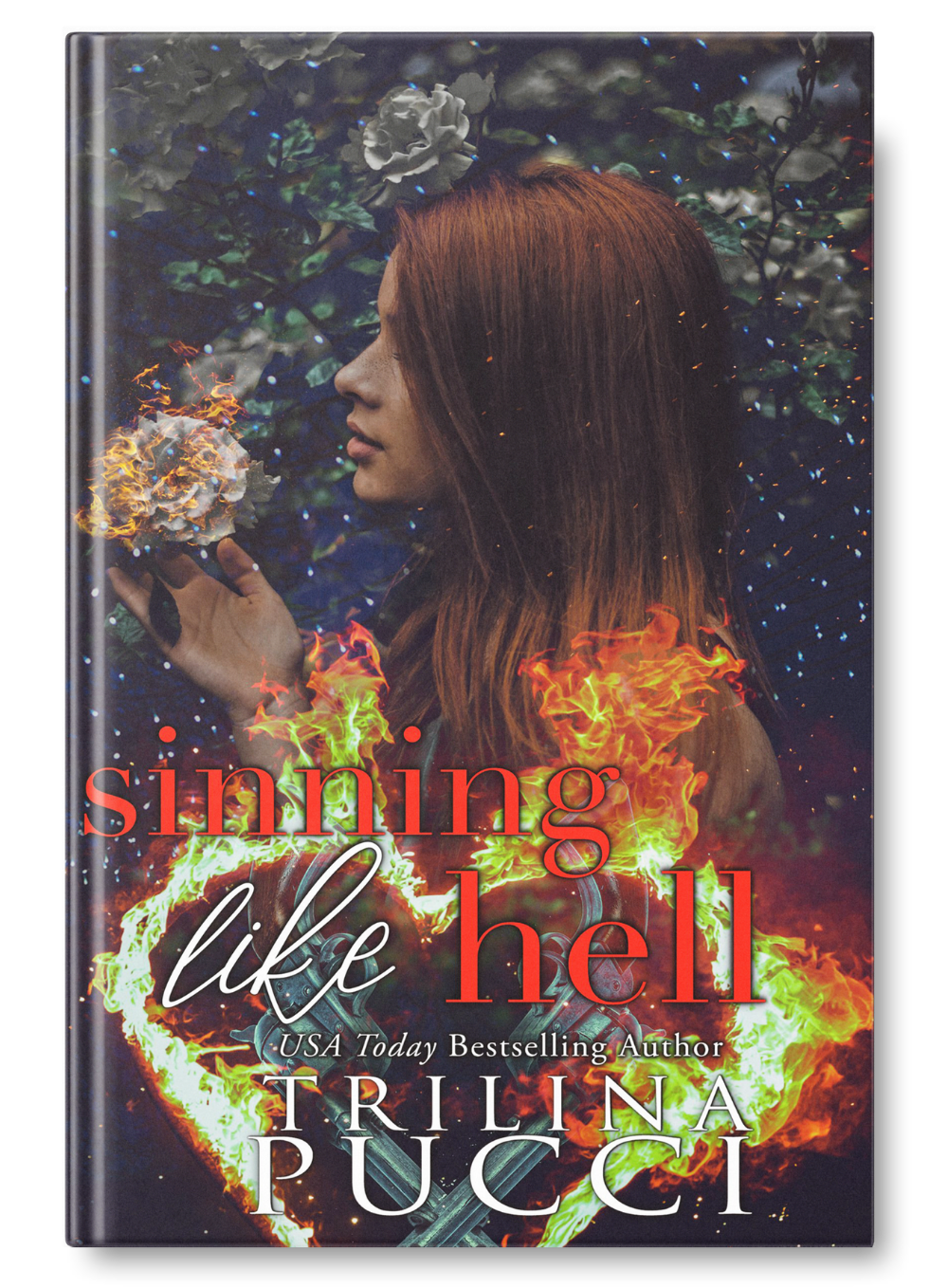 Book cover for "Smoking Like Hell" by Trilina Pucci featuring a side profile of a woman with long red hair, holding a white flower, surrounded by flames and a dark, leafy background.