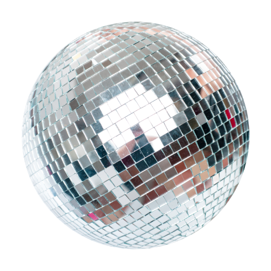Close-up of a disco ball with reflective mirrored tiles.