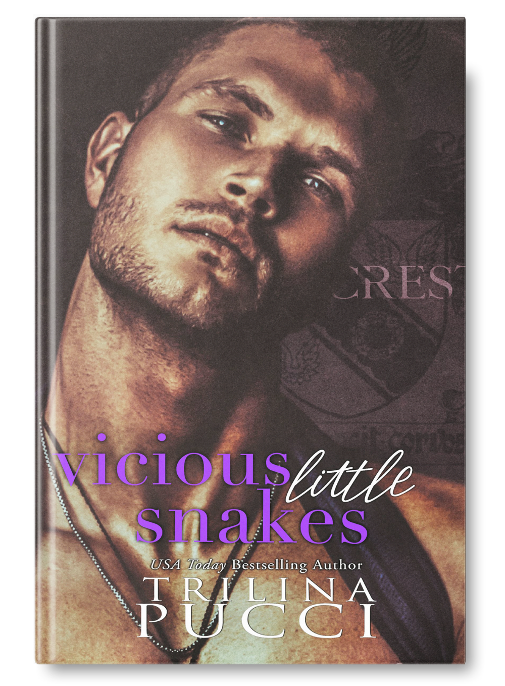Book cover titled "Vicious Little Snakes" by Trilina Pucci, featuring a close-up photo of a young man with short hair, light beard, and a necklace, looking slightly to the side.