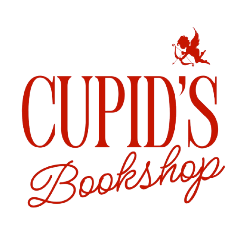 Logo for Cupid's Bookshop featuring a red cupid with a bow and arrow above the text
