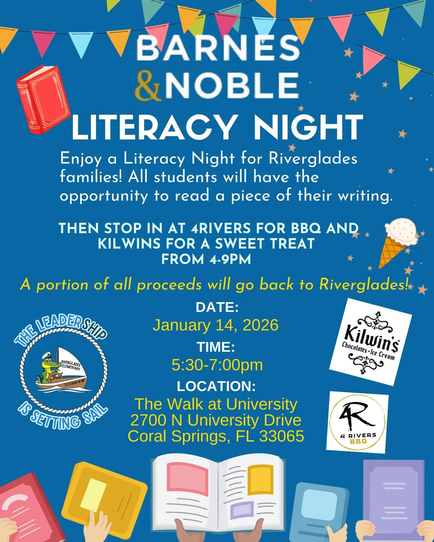 ⏰📖 TOMORROW: Literacy Night! 📖⏰

Enjoy a Literacy Night at Barnes &amp; Noble for Riverglades families! All students will have the opportunity to read a piece of their writing.

After browsing the shelves, stop in at 4 Rivers BBQ for dinner and Kil