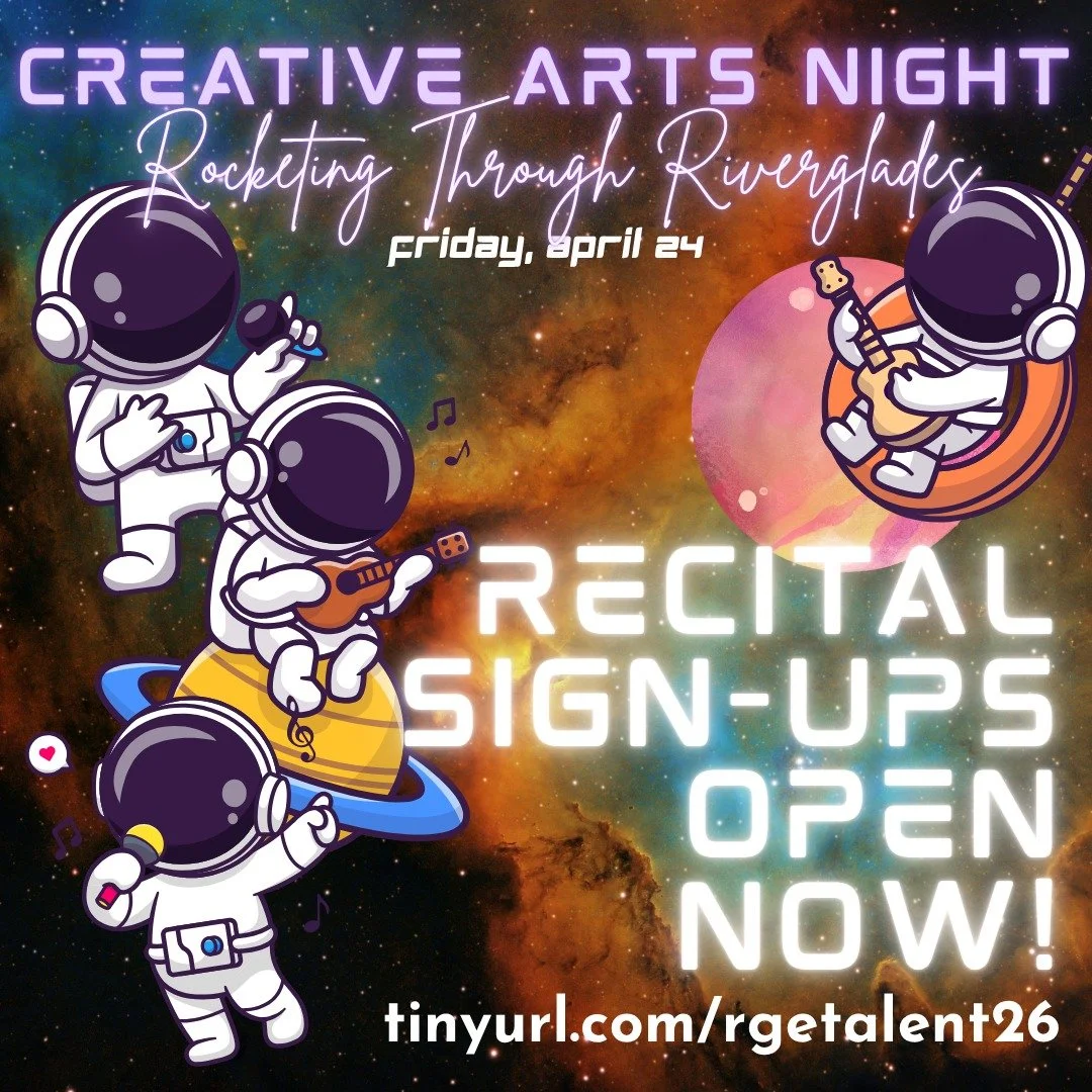 🌟🎭👩🏻&zwj;🎤🎤 Sign-ups for the Riverglades Got Talent recital are open!! Grab a spot now for your student to shine in the spotlight at our annual talent show taking place on Friday, April 24 during this year's 🎨 Creative Arts Night: Rocketing Th