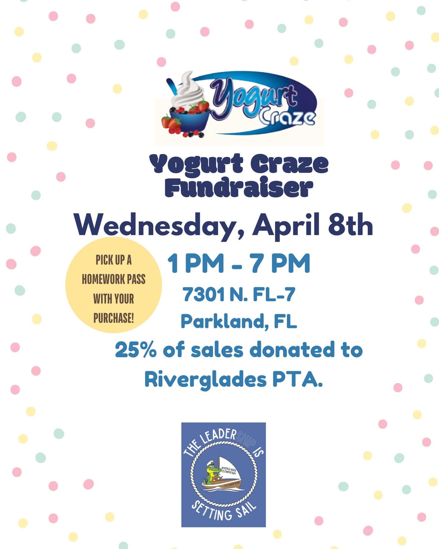 Join us TODAY 1pm-7pm at Yogurt Craze! 25% of proceeds are donated back to Riverglades. Thank you for your support!