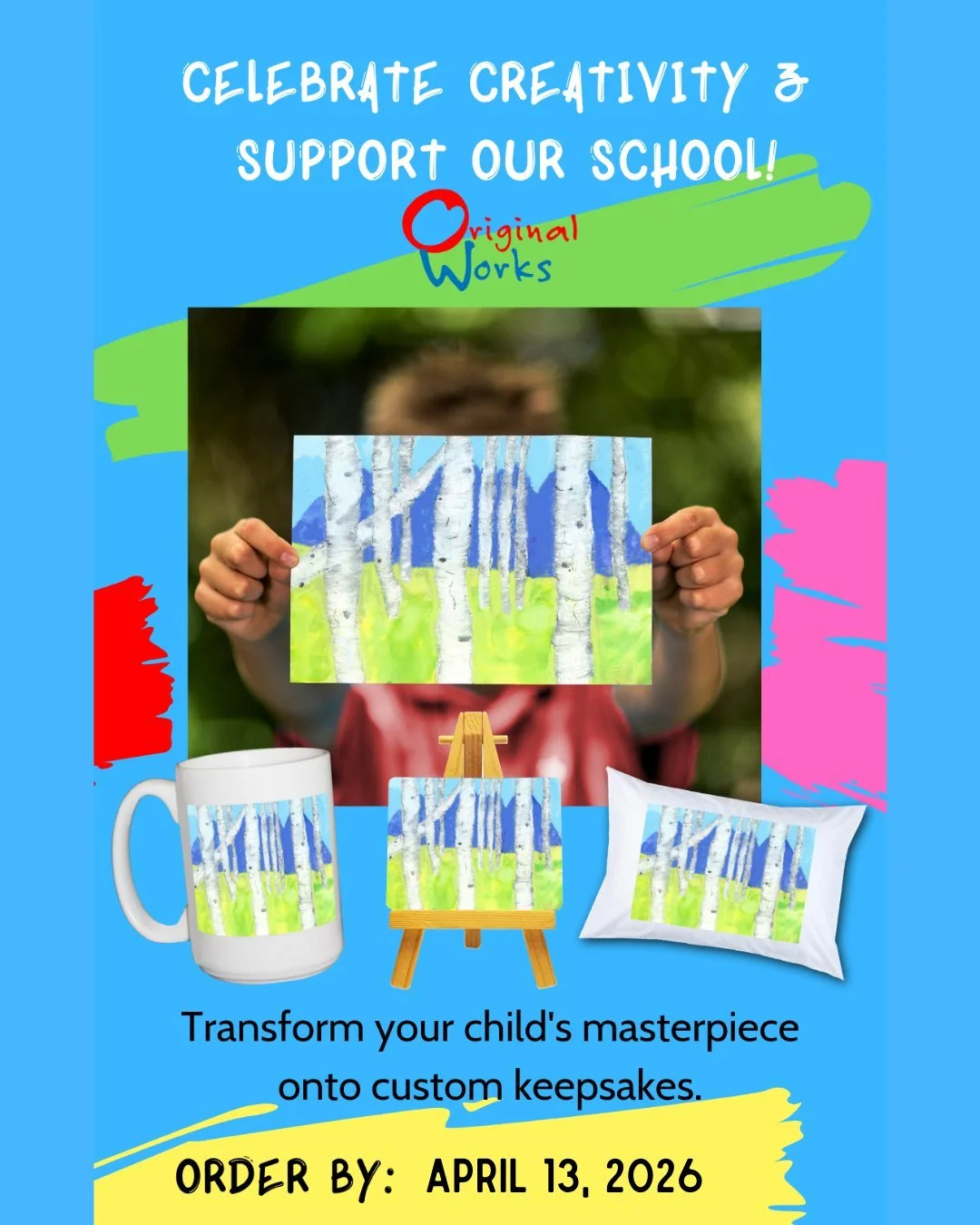 This year we are partnering with Original Works to bring you a special opportunity to order custom products featuring your child's artwork! Your child will be thrilled to see their art on stationery, magnets, drinkware, tote bags, and more. Proceeds 