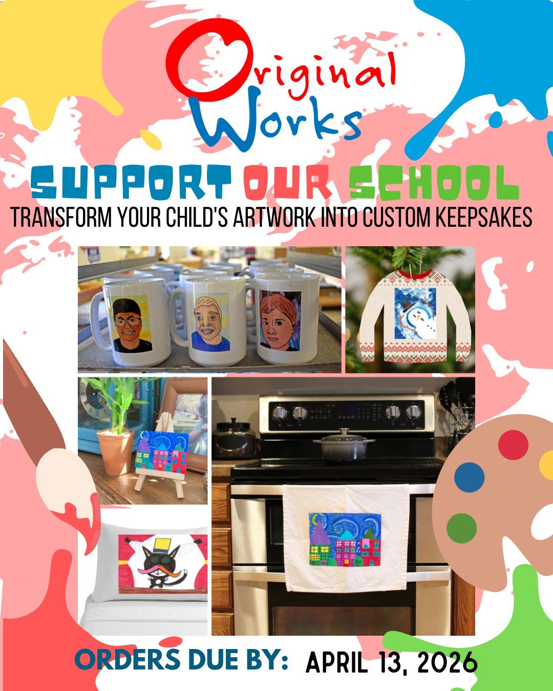 This year we are partnering with Original Works to bring you a special opportunity to order custom products featuring your child's artwork! Your child will be thrilled to see their art on stationery, magnets, drinkware, tote bags, and more. Proceeds 
