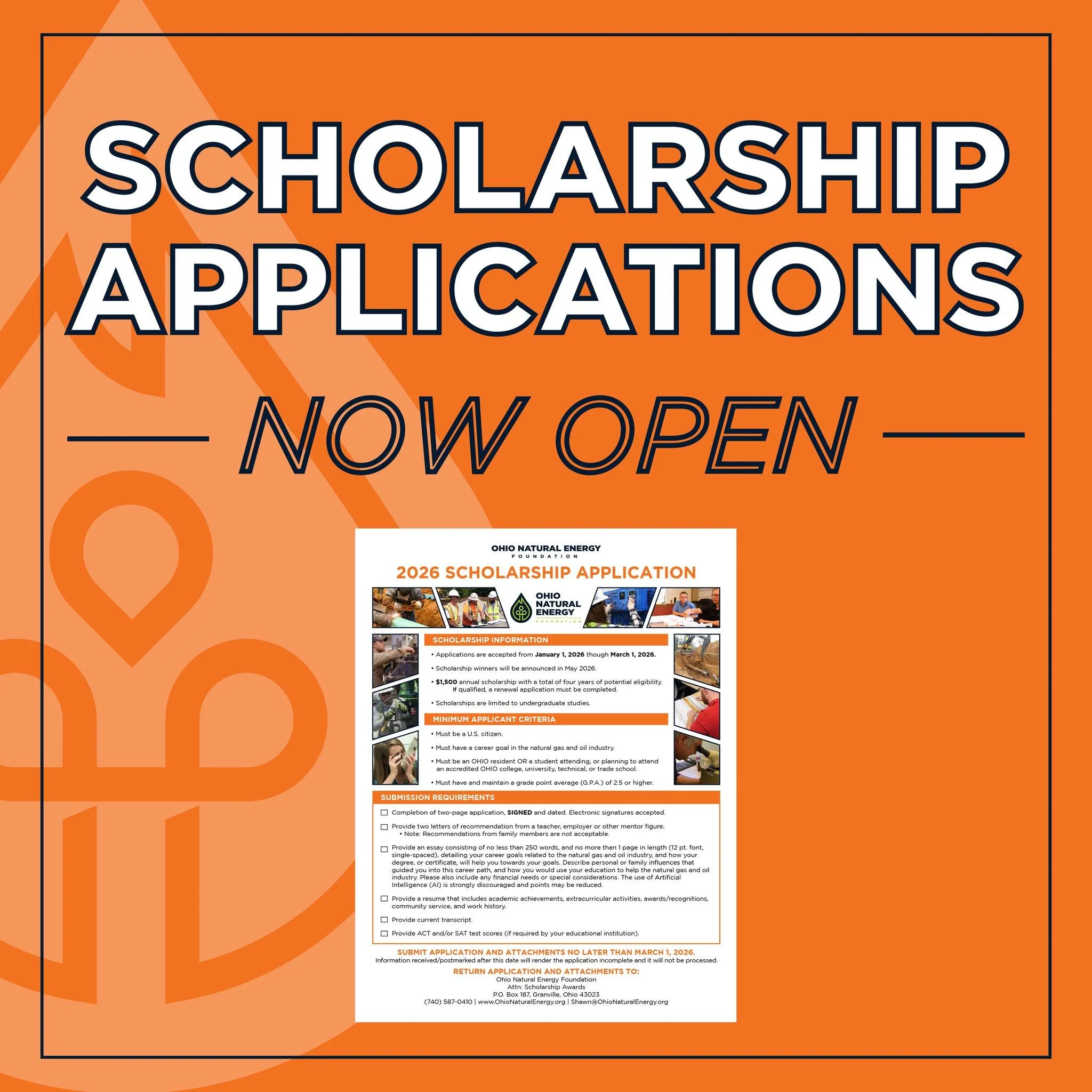 The weekend is a great time to knock out your scholarship application and get it submitted! 

The deadline is March 1 for Ohio students pursuing a career in the natural gas and oil industry. 

Learn more at the link in our bio.